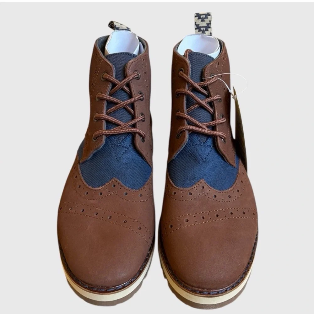 Tom’s Men's Hombres Brogue Leather  Chestnut Brown Blue Preppy Boots